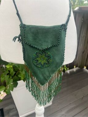 Green Suede Beaded Boho Fringe Crossbody Bag